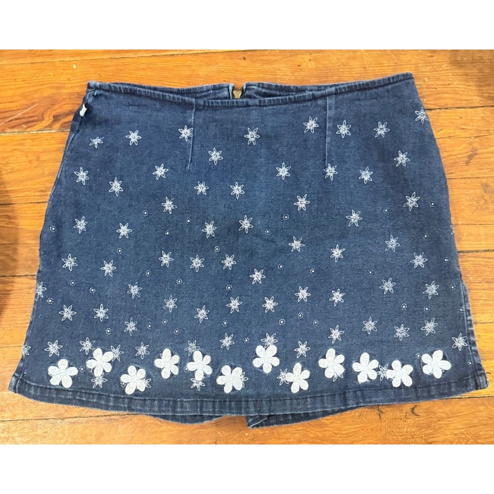 Vintage Route 66 Blue Denim Floral Embroidered‎ Mini Skort Womens Size 9/10